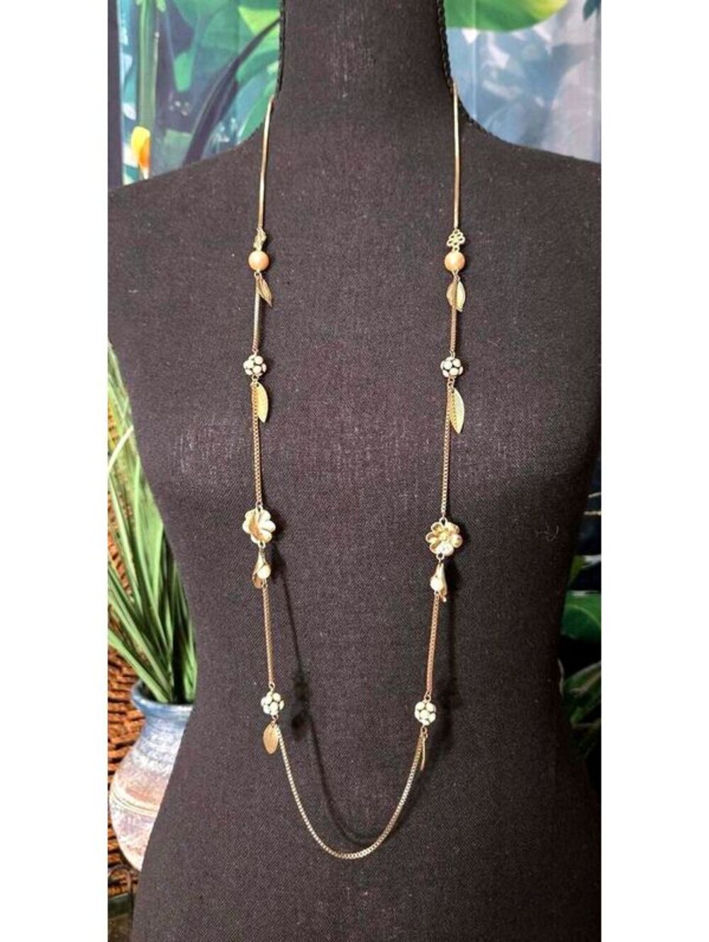 Gold Tone Floral and Pearl Beaded Long Necklace